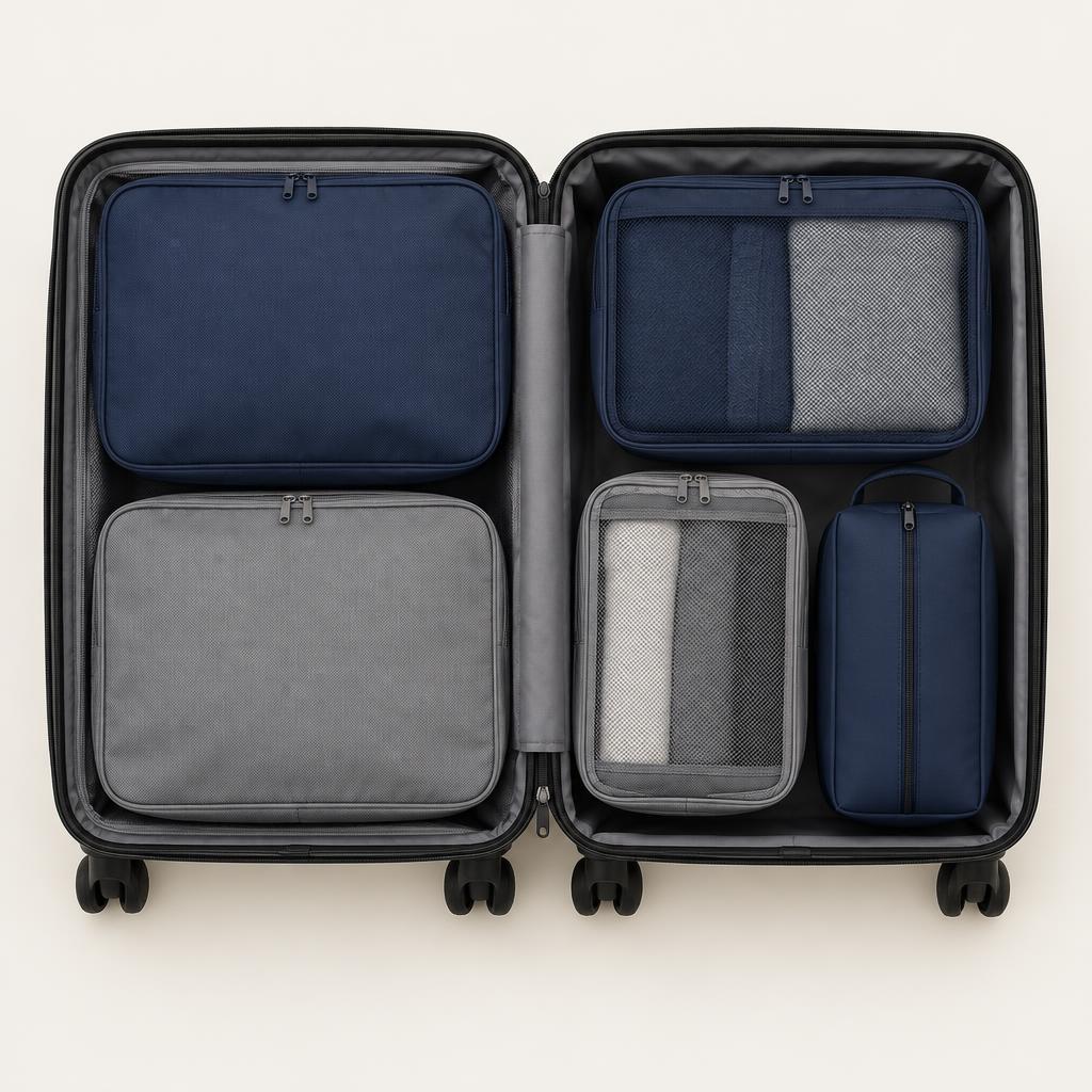 Navy and gray packing cubes and a toiletry bag arranged inside an open suitcase